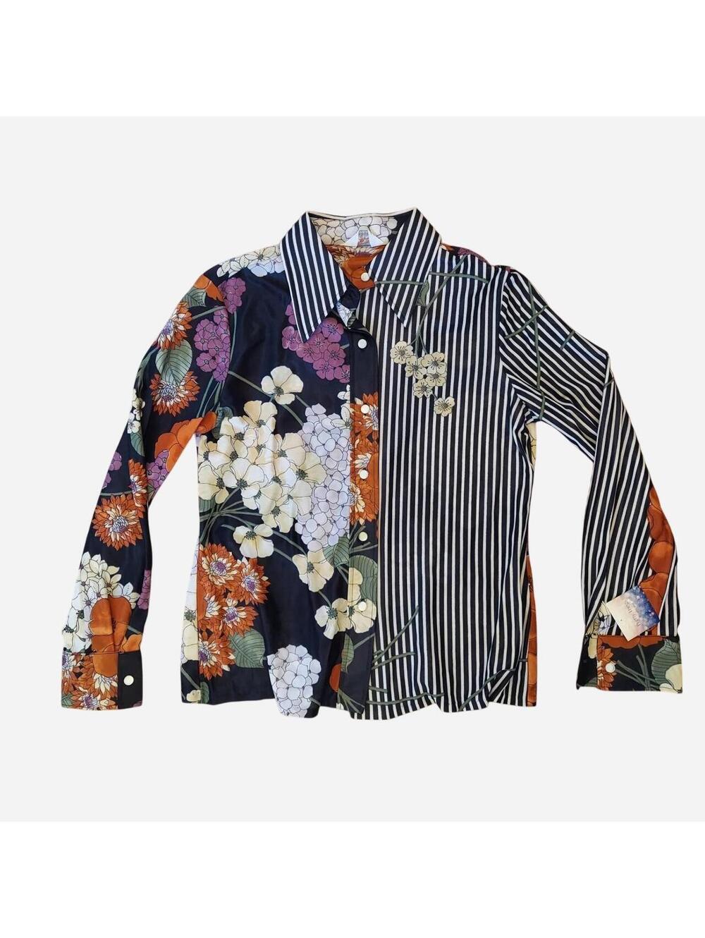 Leslie Brown floral print blouse w orange, white, and purple flowers